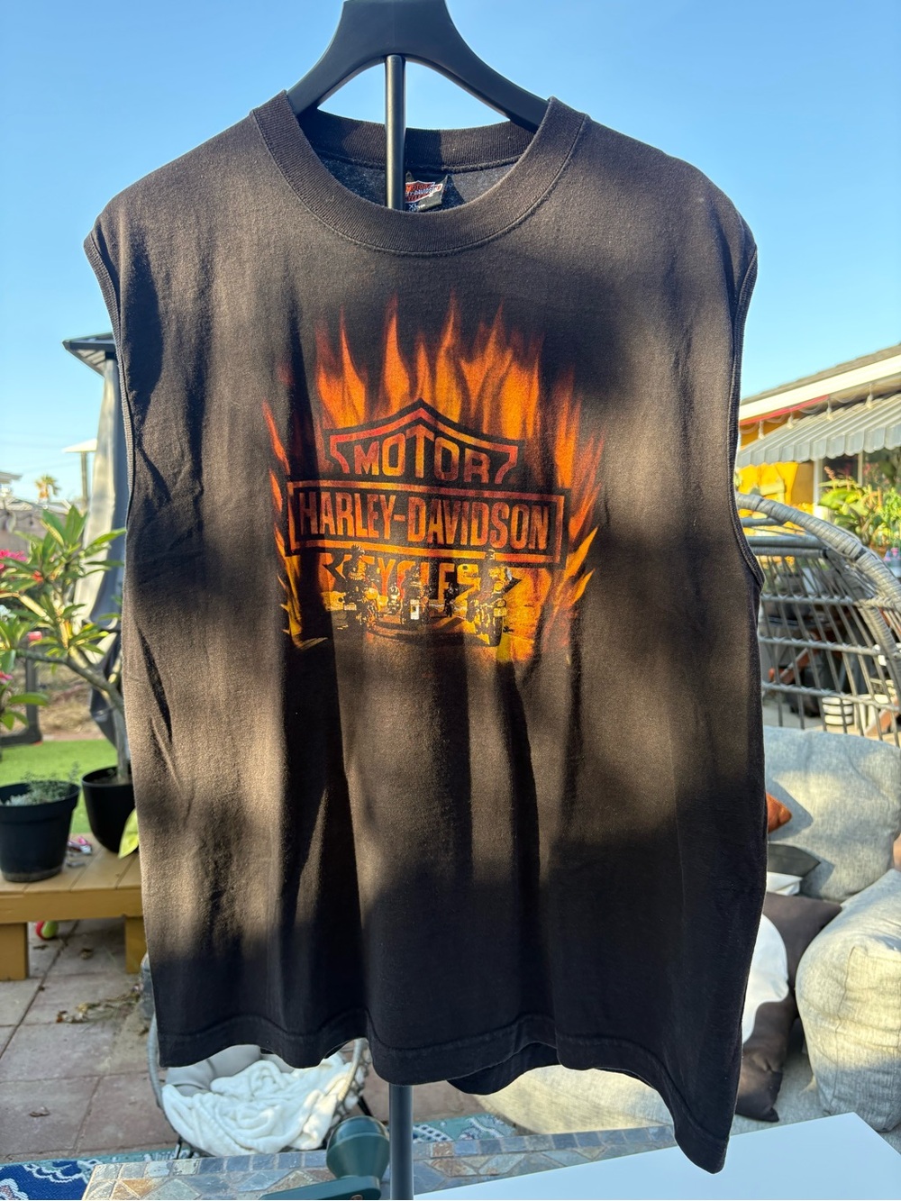 Vintage Harley-Davidson 2001 Black Muscle Tee with Orange Flame Logo
